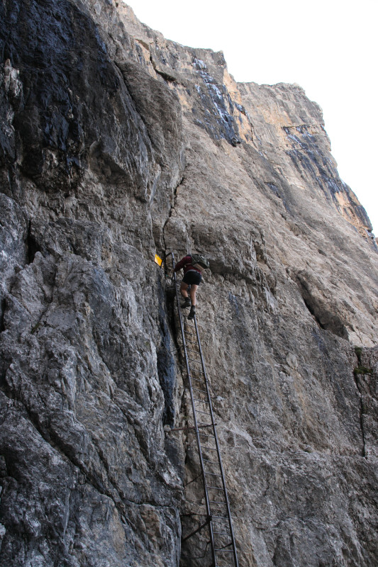 Bergsteiger auf der längsten Leiter des SOSAT-Klettersteigs